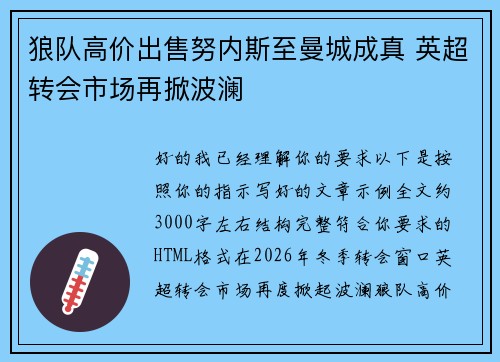 狼队高价出售努内斯至曼城成真 英超转会市场再掀波澜