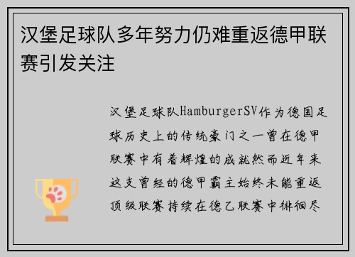 汉堡足球队多年努力仍难重返德甲联赛引发关注
